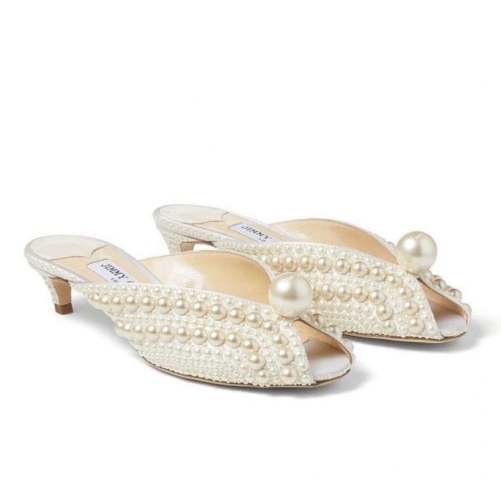 New JIMMY CHOO Samantha 35 White Satin Mules With All-Over Pearls 37 $1,895 - Picture 8 of 15